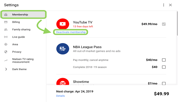 cancel youtube tv subscription