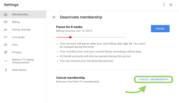 how to cancel youtube tv paid plan