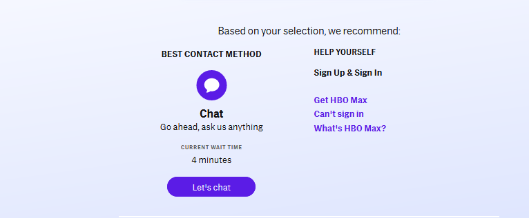 HBO Max contact by chat methods